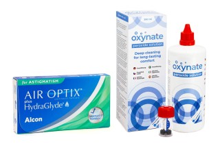 Air Optix Plus Hydraglyde for Astigmatism (3 läätse) + Oxynate Peroxide 380 ml koos läätsekonteineriga