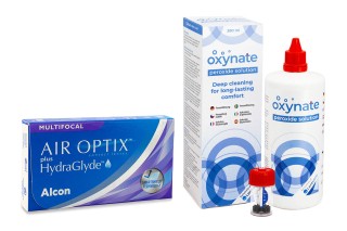 Air Optix Plus Hydraglyde Multifocal (3 läätse) + Oxynate Peroxide 380 ml koos läätsekonteineriga