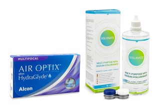 Air Optix Plus Hydraglyde Multifocal (6 läätse) + Solunate Multi-Purpose 400 ml koos läätsekonteineriga
